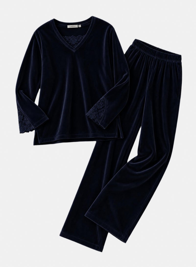 Carina Lace-Trim Velvet Pyjama - Image 2