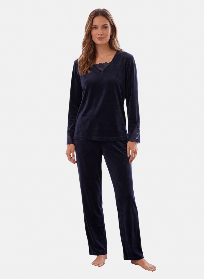 Carina Lace-Trim Velvet Pyjama - Image 1