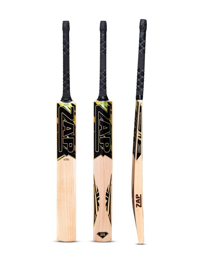 ZAP Alpha Kashmir Willow Cricket Leather Bat (Size 6) for Boys 12-14 Years | Grade 1 | Lightweight Professional Season Bat for Leather Ball | Singapore Cane Handle | Zero Shock Handle | Free Cover - Image 1