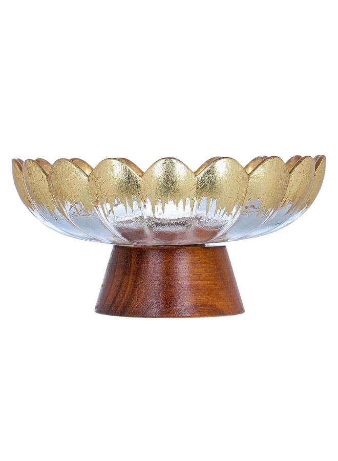 Alsaif Glass Dessert Serving Stand 16 X 16 X 7.5 Cm With A Wooden Base Gold - Image 1