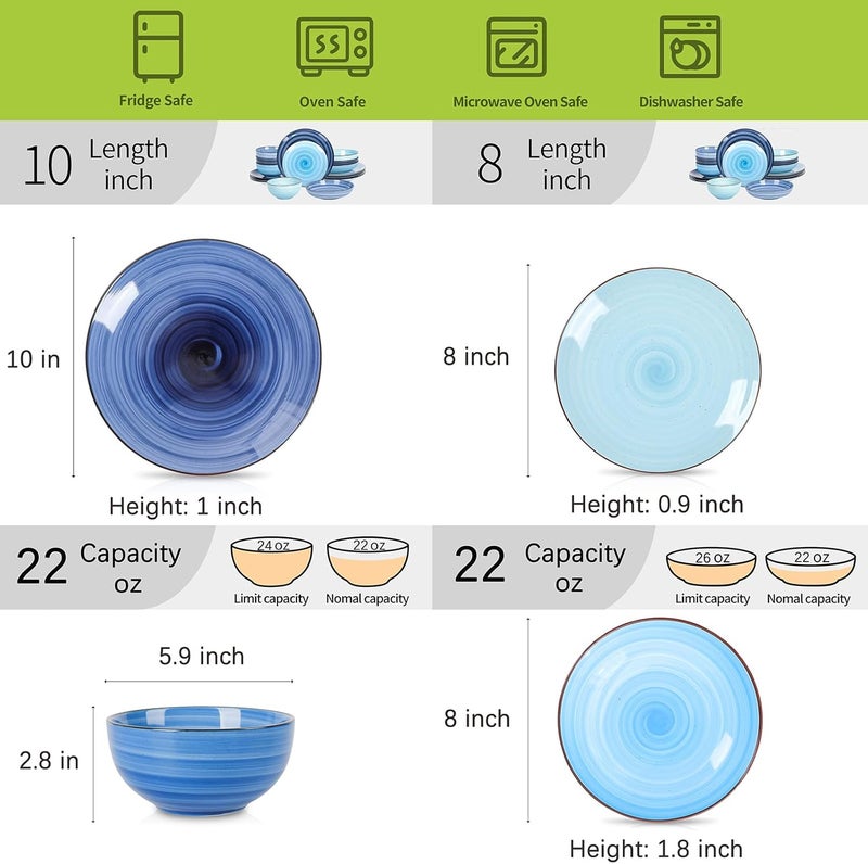 Selamica Ceramic 16Pieces Dinnerware Set Ceramic Dishes Set for 4 Kitchen Plates and Bowls Sets Dinner Plates Set Spray Black Dots Gradient Blue - Image 2