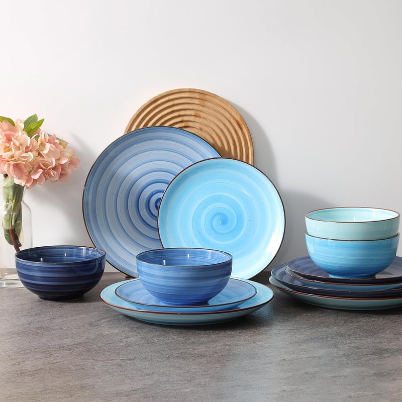 Selamica Ceramic 16Pieces Dinnerware Set Ceramic Dishes Set for 4 Kitchen Plates and Bowls Sets Dinner Plates Set Spray Black Dots Gradient Blue - Image 3