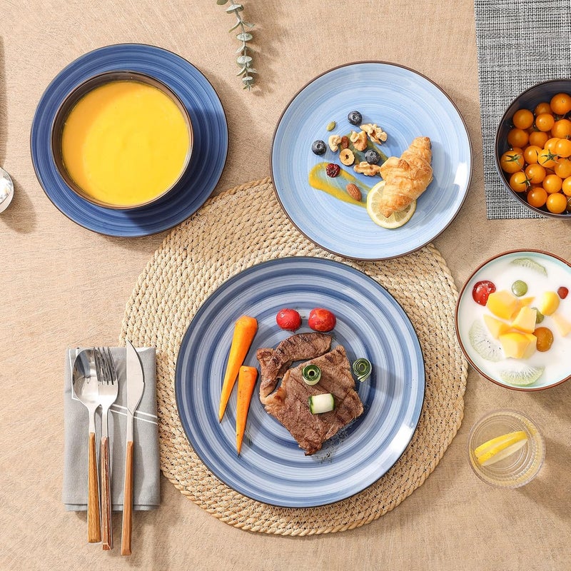 Selamica Ceramic 16Pieces Dinnerware Set Ceramic Dishes Set for 4 Kitchen Plates and Bowls Sets Dinner Plates Set Spray Black Dots Gradient Blue - Image 5