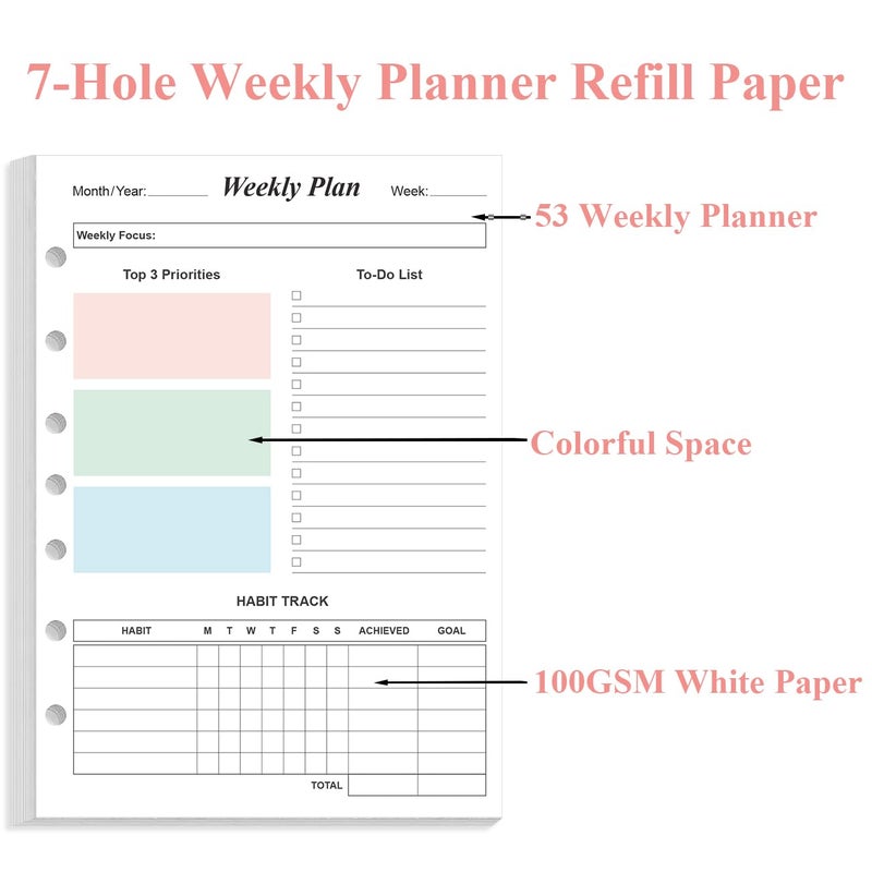 Yaridar Weekly Planner Refills for 3 or 7 Ring Mini Binders - 53 Sheets/106 Pages Undated Colorful Weekly Planner, 100 gsm White Paper, Lasts 1 Year, Undated, 5.8" x 8.3" - Image 5