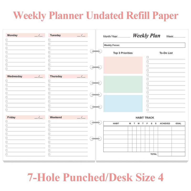 Yaridar Weekly Planner Refills for 3 or 7 Ring Mini Binders - 53 Sheets/106 Pages Undated Colorful Weekly Planner, 100 gsm White Paper, Lasts 1 Year, Undated, 5.8" x 8.3" - Image 2