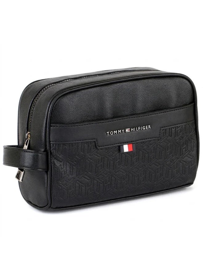 Hilfiger Denim Tommy Hilfiger Polished Black Men’s Pouch – Embossed TH Monogram with Iconic Flag Detail - Image 2