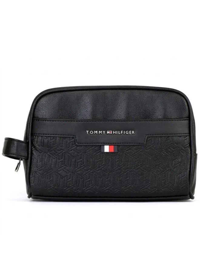 Hilfiger Denim Tommy Hilfiger Polished Black Men’s Pouch – Embossed TH Monogram with Iconic Flag Detail - Image 1