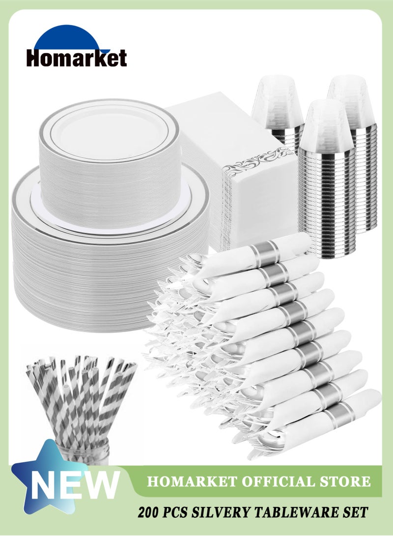 HomarKet 200PCS Silver Dinnerware Set for 25 Guests, Plastic Plates for Party, 25 Silver Disposable Plates, 25 Dessert Plates, 25 Knives , 25 Spoons, 25 Forks,25 Cups,25 Straws and 25 Napkins - Image 1