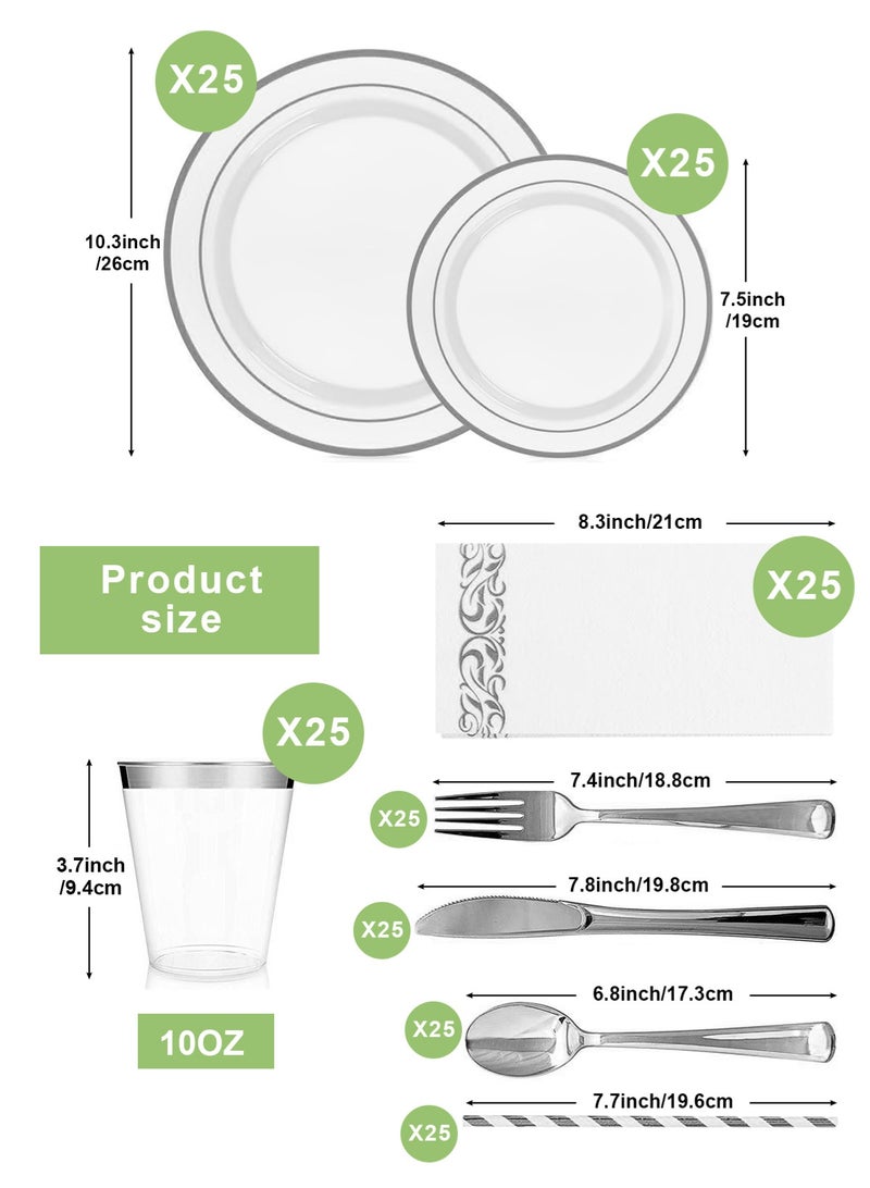 HomarKet 200PCS Silver Dinnerware Set for 25 Guests, Plastic Plates for Party, 25 Silver Disposable Plates, 25 Dessert Plates, 25 Knives , 25 Spoons, 25 Forks,25 Cups,25 Straws and 25 Napkins - Image 2