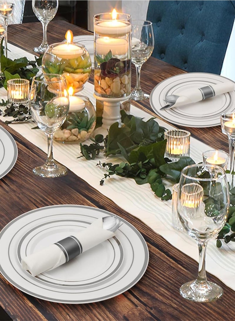 HomarKet 200PCS Silver Dinnerware Set for 25 Guests, Plastic Plates for Party, 25 Silver Disposable Plates, 25 Dessert Plates, 25 Knives , 25 Spoons, 25 Forks,25 Cups,25 Straws and 25 Napkins - Image 3