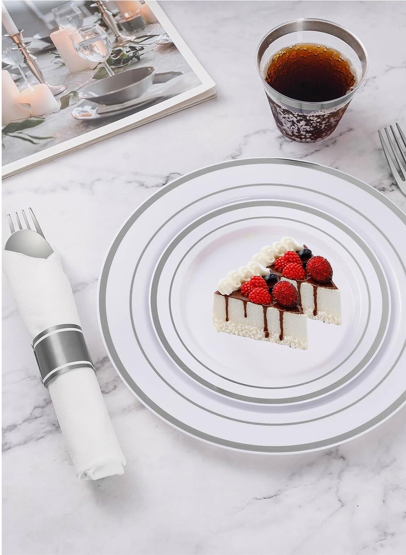 HomarKet 200PCS Silver Dinnerware Set for 25 Guests, Plastic Plates for Party, 25 Silver Disposable Plates, 25 Dessert Plates, 25 Knives , 25 Spoons, 25 Forks,25 Cups,25 Straws and 25 Napkins - Image 5