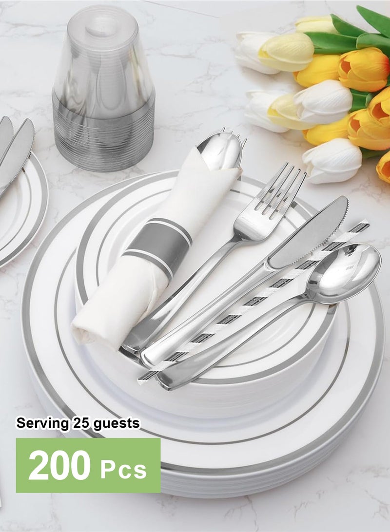 HomarKet 200PCS Silver Dinnerware Set for 25 Guests, Plastic Plates for Party, 25 Silver Disposable Plates, 25 Dessert Plates, 25 Knives , 25 Spoons, 25 Forks,25 Cups,25 Straws and 25 Napkins - Image 4