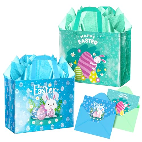 Jaywayang 2Pcs 126 Happy Easter Gift Bags with Tissue Paper Envelope and Card Reusable NonWoven Bag with Handles for Kids Easter Party Supplies Blue Cyan - Image 1