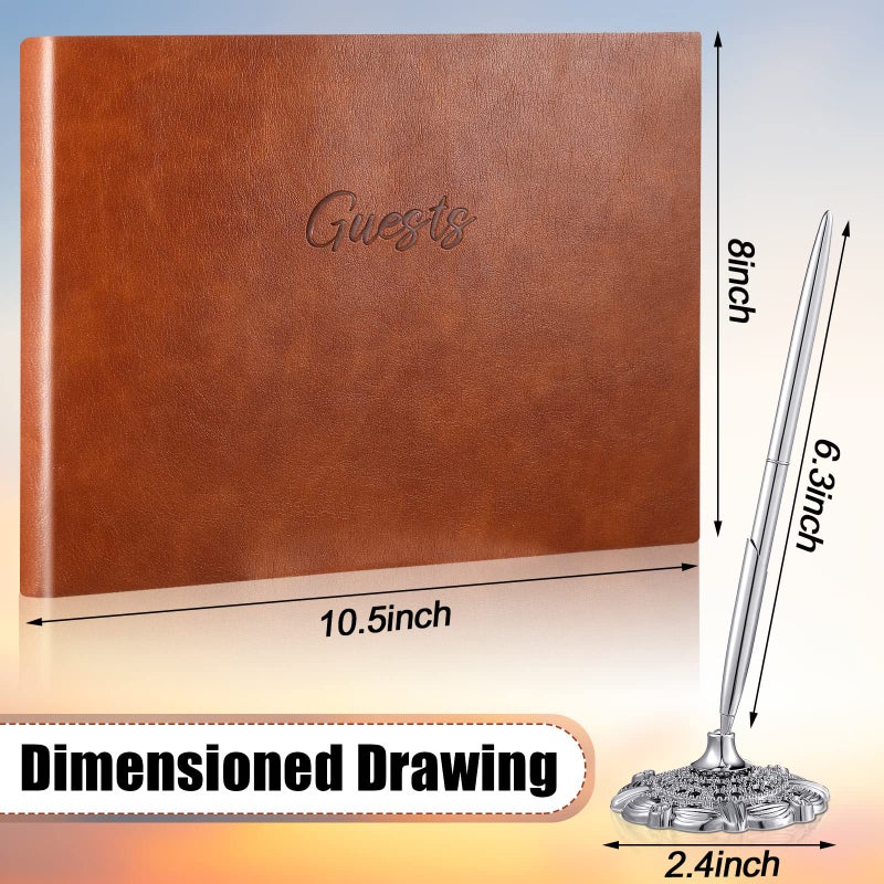 Geyee Leather Guest Book and Pen Stand Set, 10.5" x 8" Embossed Guests Sign in Book Registry Book for Funeral, Wedding Reception, Vacation Homes and Events, 80 Sheets (Brown) - Image 2
