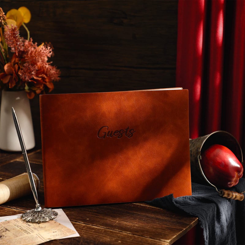 Geyee Leather Guest Book and Pen Stand Set, 10.5" x 8" Embossed Guests Sign in Book Registry Book for Funeral, Wedding Reception, Vacation Homes and Events, 80 Sheets (Brown) - Image 3