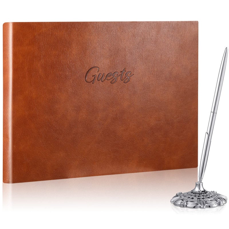 Geyee Leather Guest Book and Pen Stand Set, 10.5" x 8" Embossed Guests Sign in Book Registry Book for Funeral, Wedding Reception, Vacation Homes and Events, 80 Sheets (Brown) - Image 1