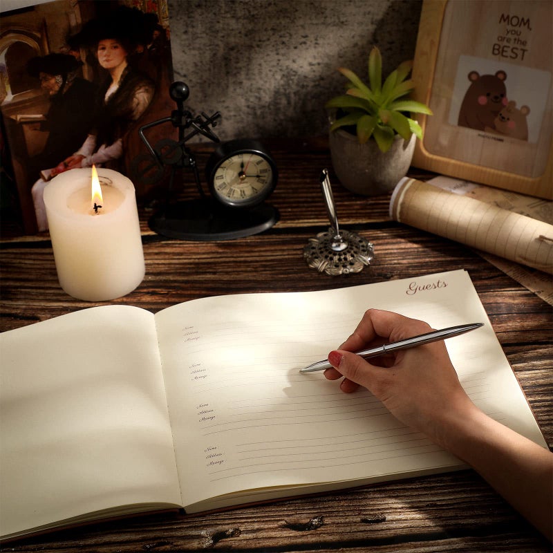 Geyee Leather Guest Book and Pen Stand Set, 10.5" x 8" Embossed Guests Sign in Book Registry Book for Funeral, Wedding Reception, Vacation Homes and Events, 80 Sheets (Brown) - Image 4