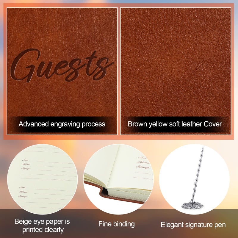 Geyee Leather Guest Book and Pen Stand Set, 10.5" x 8" Embossed Guests Sign in Book Registry Book for Funeral, Wedding Reception, Vacation Homes and Events, 80 Sheets (Brown) - Image 5