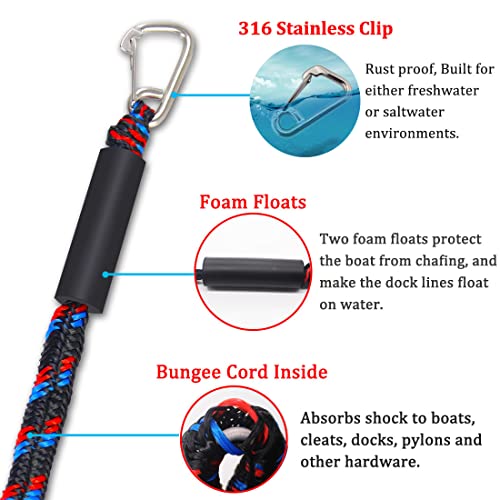 Botepon Boat Bungee Dock Lines with 316 Stainless Clips - Shock-Absorbing Jet Ski Dock Line, PWC Accessories, Boat Mooring Line/Tie Downs for Bass Boat, Fishing Pontoon, Dinghy - 4Feet - Image 3