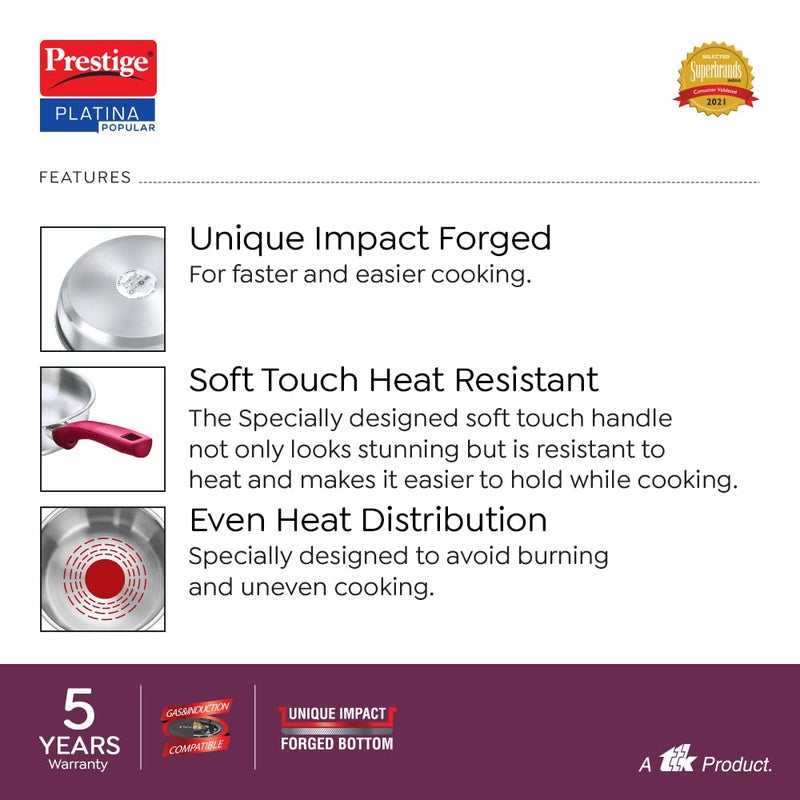 Prestige Platina Popular Stainless Steel Gas and Induction Compatible Fry Pan, 240 mm - Image 4