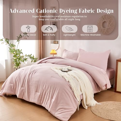DECMAY Twin Comforter Set with Sheets 5 Pieces, Pink Twin Comforter Set for College Dorm Girls, Cationic Dyeing Bed in a Bag with Comforter, Pillow Sham, Pillowcase, Flat Sheet and Fitted Sheet - Image 4