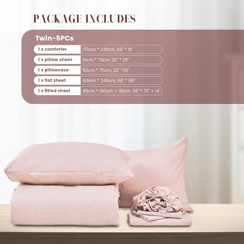 DECMAY Twin Comforter Set with Sheets 5 Pieces, Pink Twin Comforter Set for College Dorm Girls, Cationic Dyeing Bed in a Bag with Comforter, Pillow Sham, Pillowcase, Flat Sheet and Fitted Sheet - Image 5