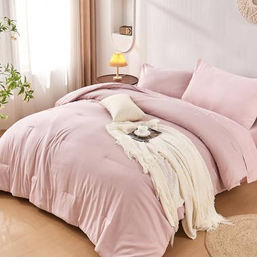 DECMAY Twin Comforter Set with Sheets 5 Pieces, Pink Twin Comforter Set for College Dorm Girls, Cationic Dyeing Bed in a Bag with Comforter, Pillow Sham, Pillowcase, Flat Sheet and Fitted Sheet - Image 1