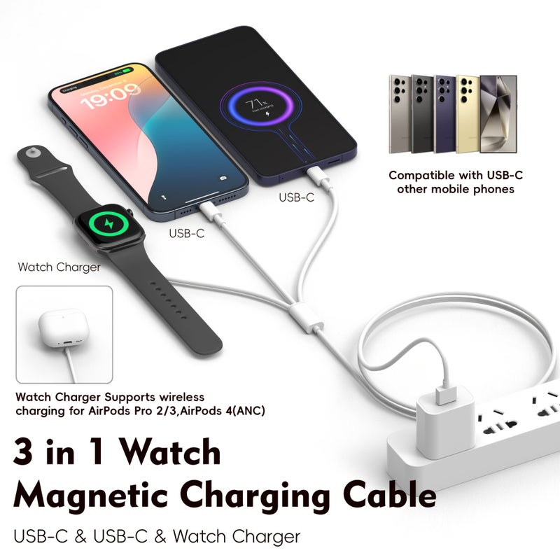 3 in 1 Charging Cable USB A USB C Magnetic Watch Charger Universal Wireless Dock for Watch Series 1 to 11 SE 1 2 3 Ultra 1 2 3 Air Pods Pro 2 3 Air Pods 4 with Active Noise Cancellation - Image 2