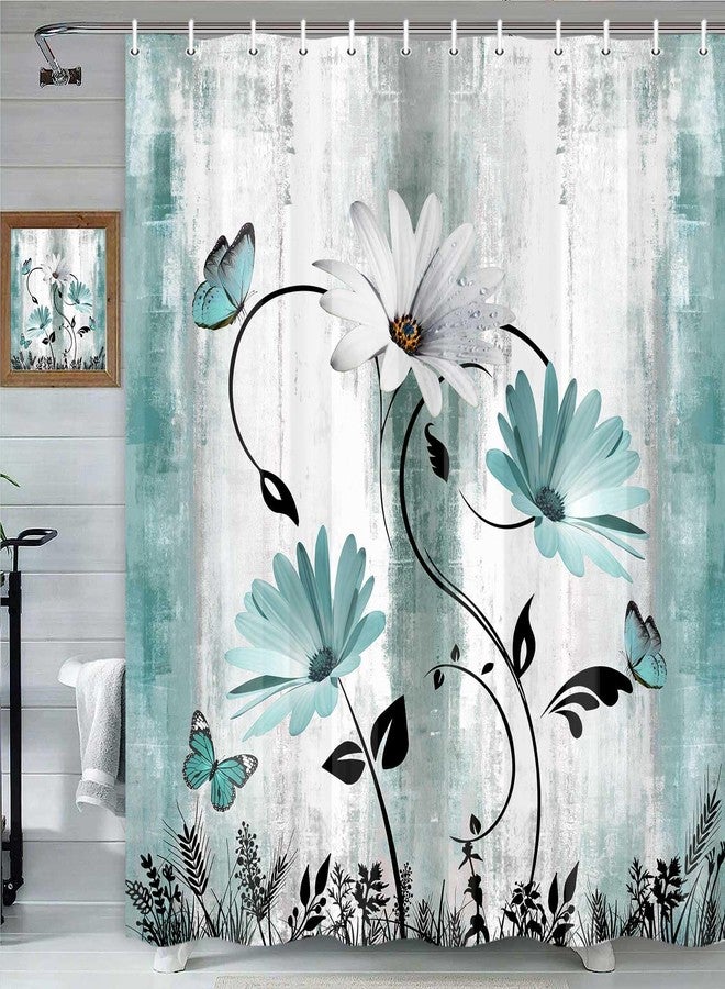 Bzhilja Rustic Farmhouse Shower Curtain for Bathroom, Farm Teal Daisy Floral Flowers and Butterfly on Country Wooden Bath Curtains, Turquoise Blue Fabric Bathroom Decor Set with Hooks 69x70 - Image 5