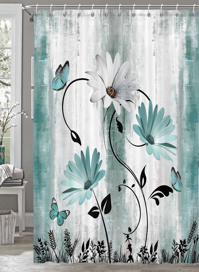 Bzhilja Rustic Farmhouse Shower Curtain for Bathroom, Farm Teal Daisy Floral Flowers and Butterfly on Country Wooden Bath Curtains, Turquoise Blue Fabric Bathroom Decor Set with Hooks 69x70 - Image 2