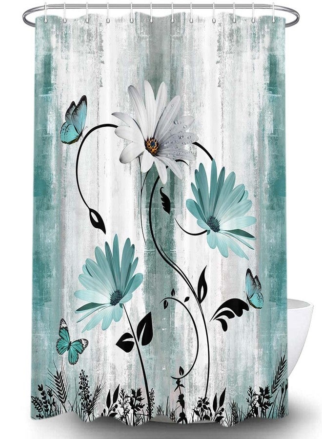 Bzhilja Rustic Farmhouse Shower Curtain for Bathroom, Farm Teal Daisy Floral Flowers and Butterfly on Country Wooden Bath Curtains, Turquoise Blue Fabric Bathroom Decor Set with Hooks 69x70 - Image 3
