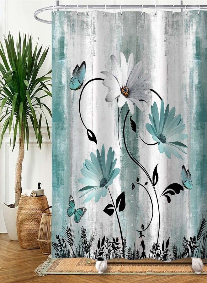 Bzhilja Rustic Farmhouse Shower Curtain for Bathroom, Farm Teal Daisy Floral Flowers and Butterfly on Country Wooden Bath Curtains, Turquoise Blue Fabric Bathroom Decor Set with Hooks 69x70 - Image 4