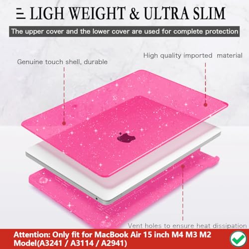 CISSOOK Compatible with MacBook Air 15 inch Case 2026 2025 2024 2023 Model A3448 A3241 A3114 A2941, Sparkly Bling Hard Shell Case Keyboard Skin for MacBook Air 15 inch M5 M4 M3 M2 Glitter Rose Pink - Image 3
