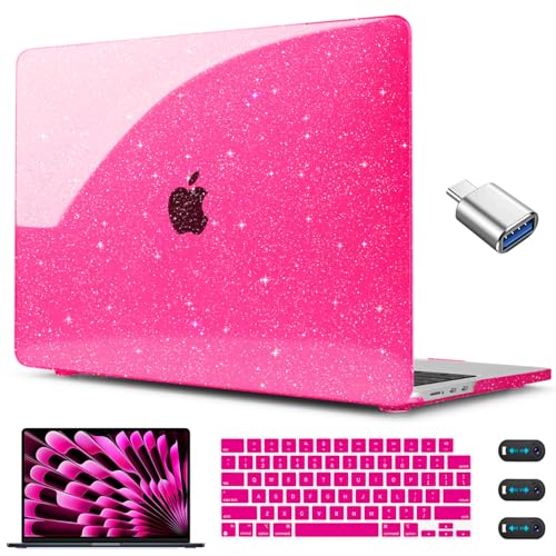 CISSOOK Compatible with MacBook Air 15 inch Case 2026 2025 2024 2023 Model A3448 A3241 A3114 A2941, Sparkly Bling Hard Shell Case Keyboard Skin for MacBook Air 15 inch M5 M4 M3 M2 Glitter Rose Pink