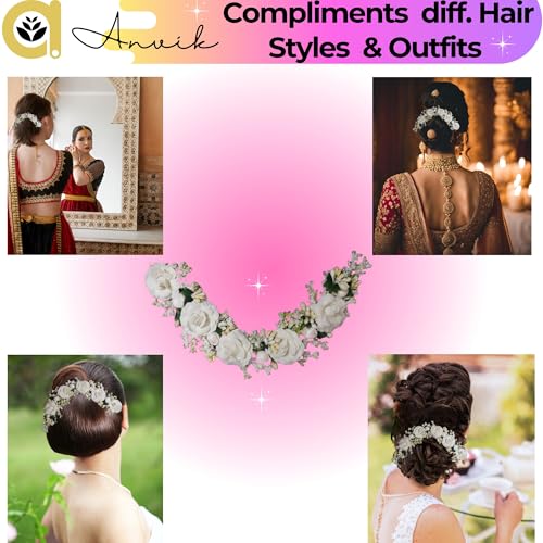 ANVIK Floral Hair Accessories Fancy Party Bridal Wedding Fabric /artificial Rose Flower Bun Juda Hair Gajra for Women Flower Hair Accessory for women Veni for hair Wedding Hair accessories for bride Braid for Hair Style for bride Women(White) - Image 5