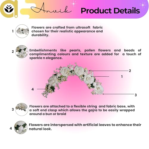 ANVIK Floral Hair Accessories Fancy Party Bridal Wedding Fabric /artificial Rose Flower Bun Juda Hair Gajra for Women Flower Hair Accessory for women Veni for hair Wedding Hair accessories for bride Braid for Hair Style for bride Women(White) - Image 3