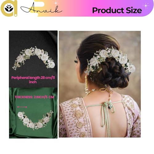ANVIK Floral Hair Accessories Fancy Party Bridal Wedding Fabric /artificial Rose Flower Bun Juda Hair Gajra for Women Flower Hair Accessory for women Veni for hair Wedding Hair accessories for bride Braid for Hair Style for bride Women(White) - Image 4