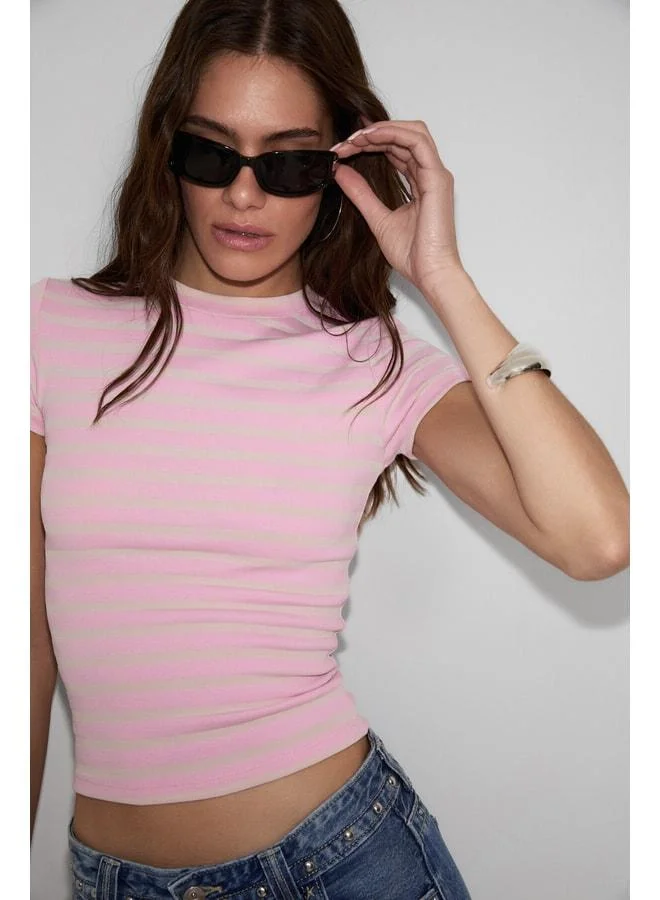 GRIMELANGE HOPEWELL Women's Round Neck Knitted Slim Fit Pink-A. Pink Striped T-Shirt.
