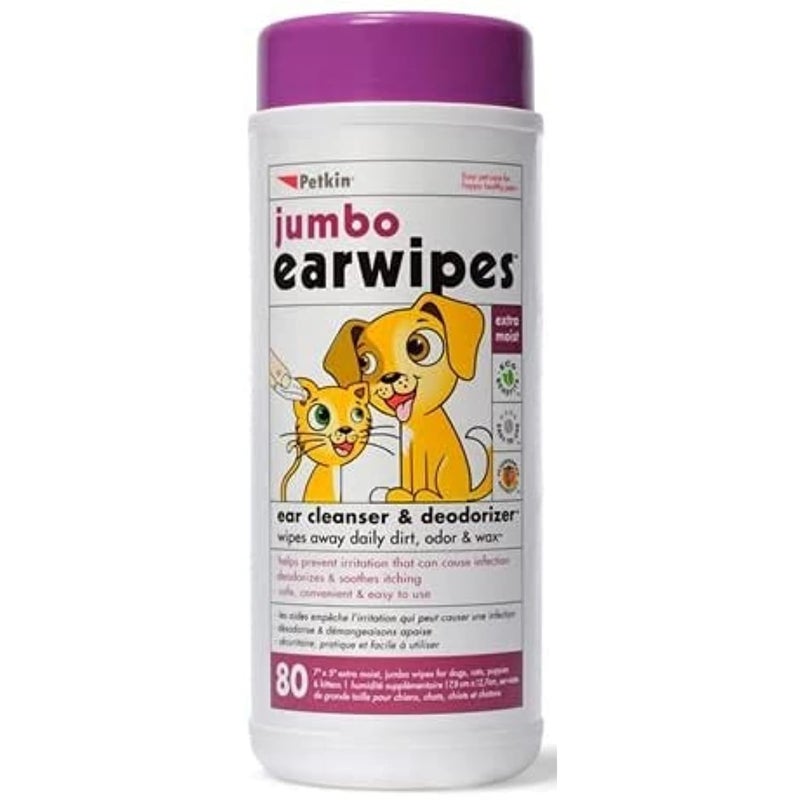 Petkin Jumbo Earwipes for Dogs and Cats, Wipes Away Daily Dirt and Odor, Cleans Ears, Remove Dirt, Odor and Wax, Super Convenient, Ideal for Home or Travel 80 Petwipes - Image 1