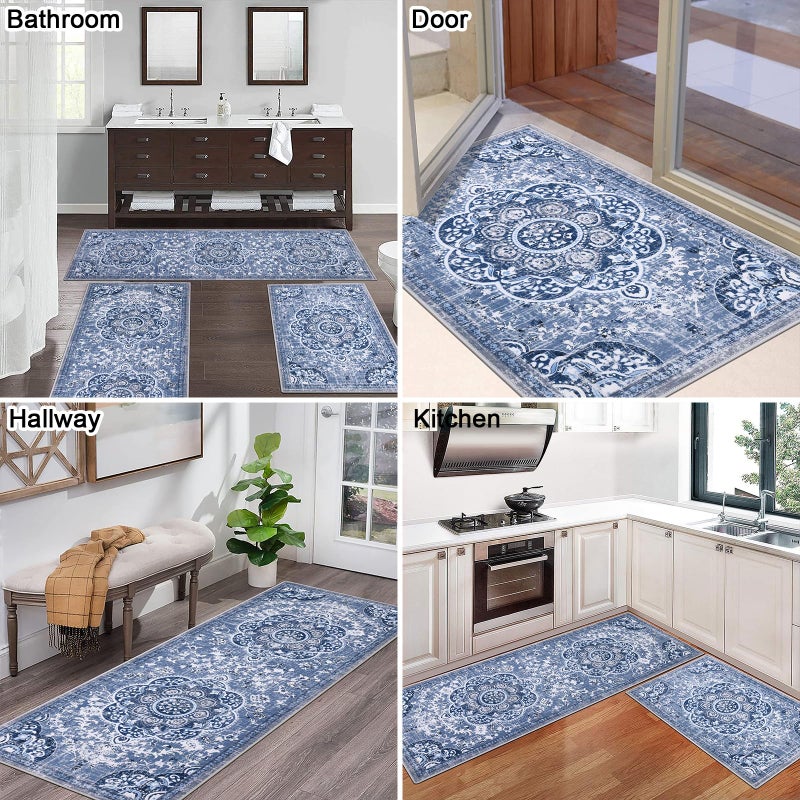 Ileading Boho Kitchen Rugs Sets 3 Piece with Runner Floral Kitchen Floor Mat Carpet Large Farmhouse Kitchen Rugs and Mats Non Skid Washable Runner Rug for Kitchen Floor Office Sink Laundry  Blue - Image 3