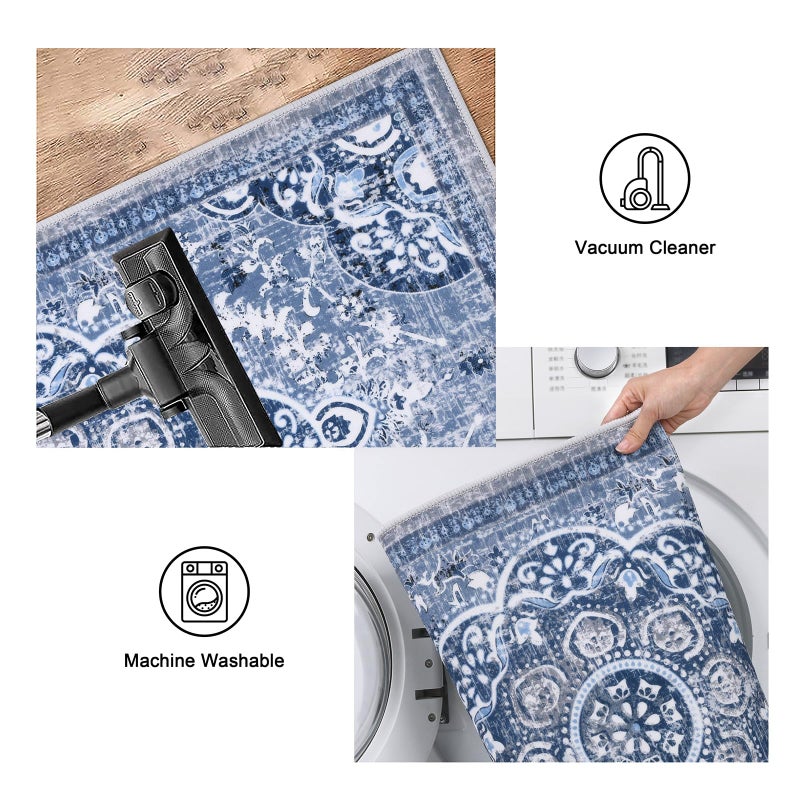 Ileading Boho Kitchen Rugs Sets 3 Piece with Runner Floral Kitchen Floor Mat Carpet Large Farmhouse Kitchen Rugs and Mats Non Skid Washable Runner Rug for Kitchen Floor Office Sink Laundry  Blue - Image 5