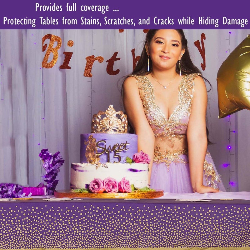 ZULADISE 2 Pack Premium Purple and Gold Plastic Tablecloths â€“ Thick, Durable, Reusable Table Covers (54 x 108 in) â€“ Stylish Party Decor for Birthday, Rapunzel, Tangled, Kpop Demon Hunters Parties - Image 2