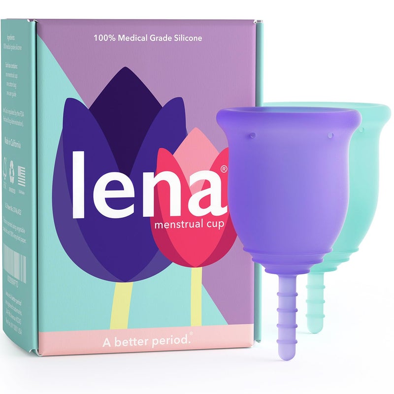 Lena Menstrual Cup Original â€“ Reusable Silicone Period Cup for Heavy Flow, 12-Hour Leak-Free Protection, Soft & Comfortable, Beginner-Friendly Design - 2-Pack - Purple Small & Turquoise Large - Image 1
