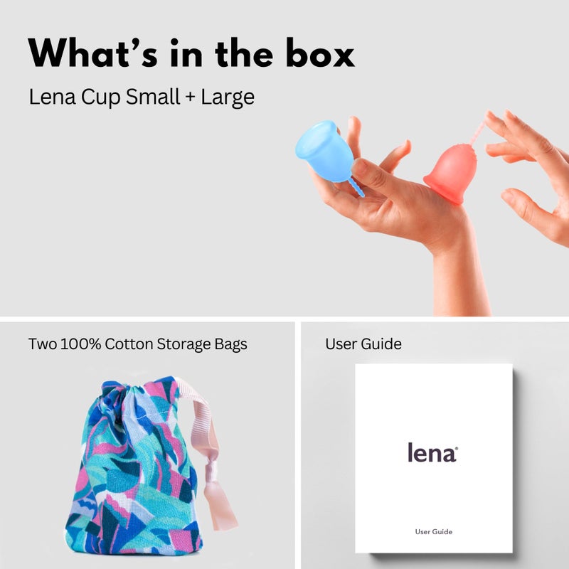 Lena Menstrual Cup Original â€“ Reusable Silicone Period Cup for Heavy Flow, 12-Hour Leak-Free Protection, Soft & Comfortable, Beginner-Friendly Design - 2-Pack - Purple Small & Turquoise Large - Image 2