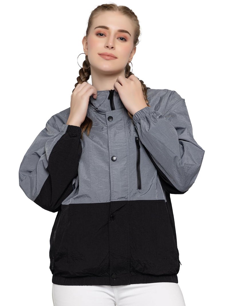 CHKOKKO Womens Stylish Oversized Windcheater Jacket with Zip Closure Lightweight Sportswear for Running Travel Hiking Outdoor and Rainy Season Wear GreyBlack XL - Image 1