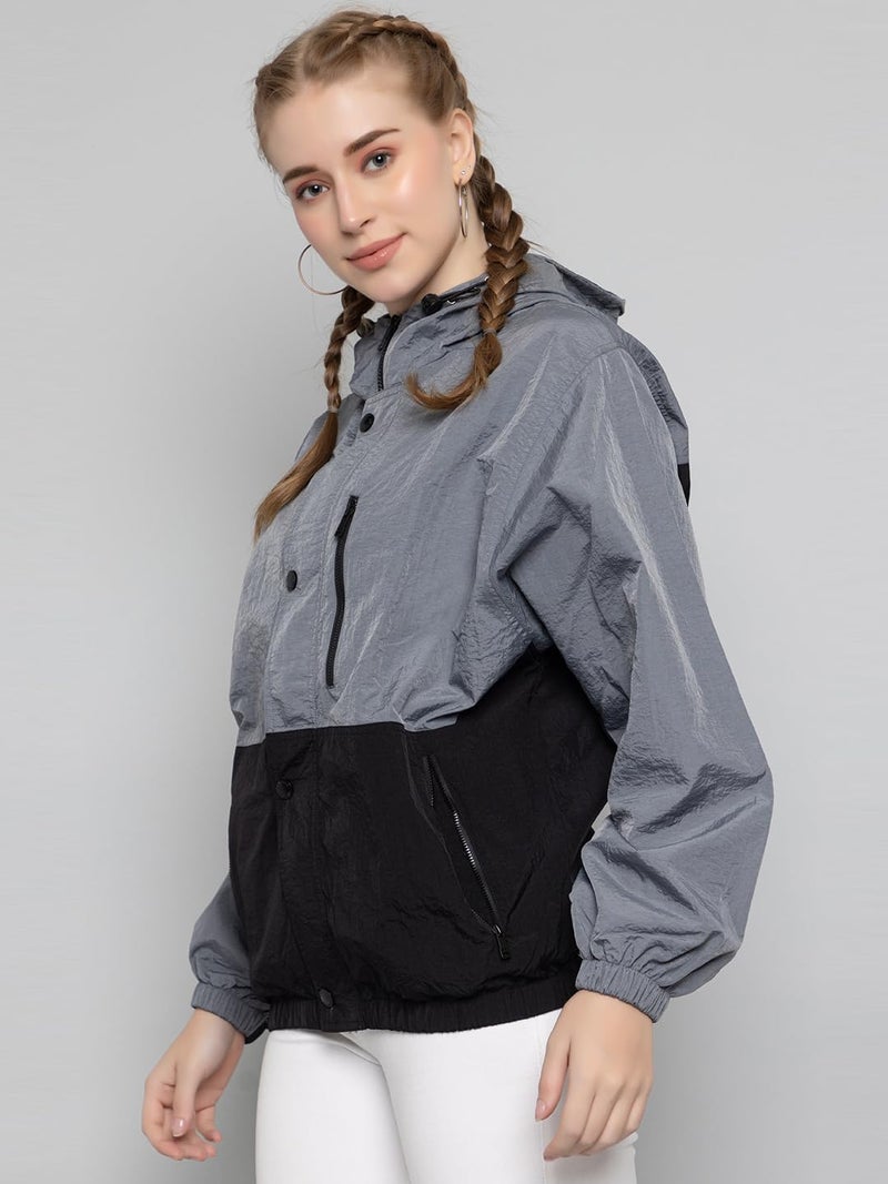 CHKOKKO Womens Stylish Oversized Windcheater Jacket with Zip Closure Lightweight Sportswear for Running Travel Hiking Outdoor and Rainy Season Wear GreyBlack XL - Image 3