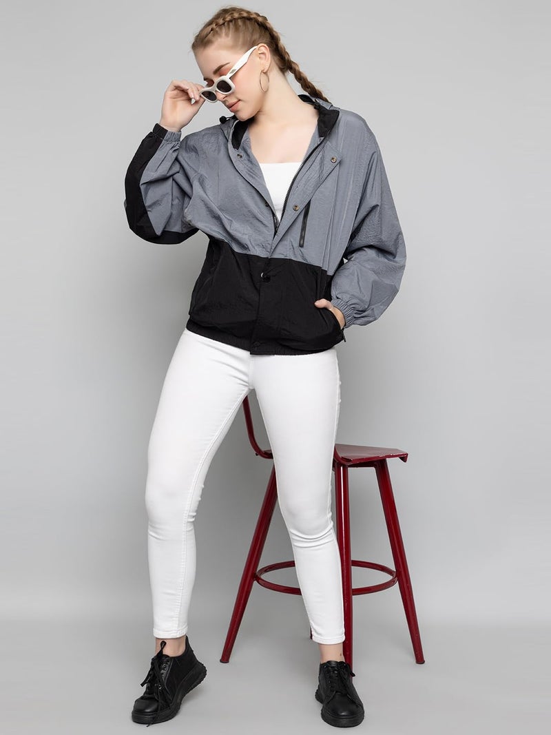 CHKOKKO Womens Stylish Oversized Windcheater Jacket with Zip Closure Lightweight Sportswear for Running Travel Hiking Outdoor and Rainy Season Wear GreyBlack XL - Image 5