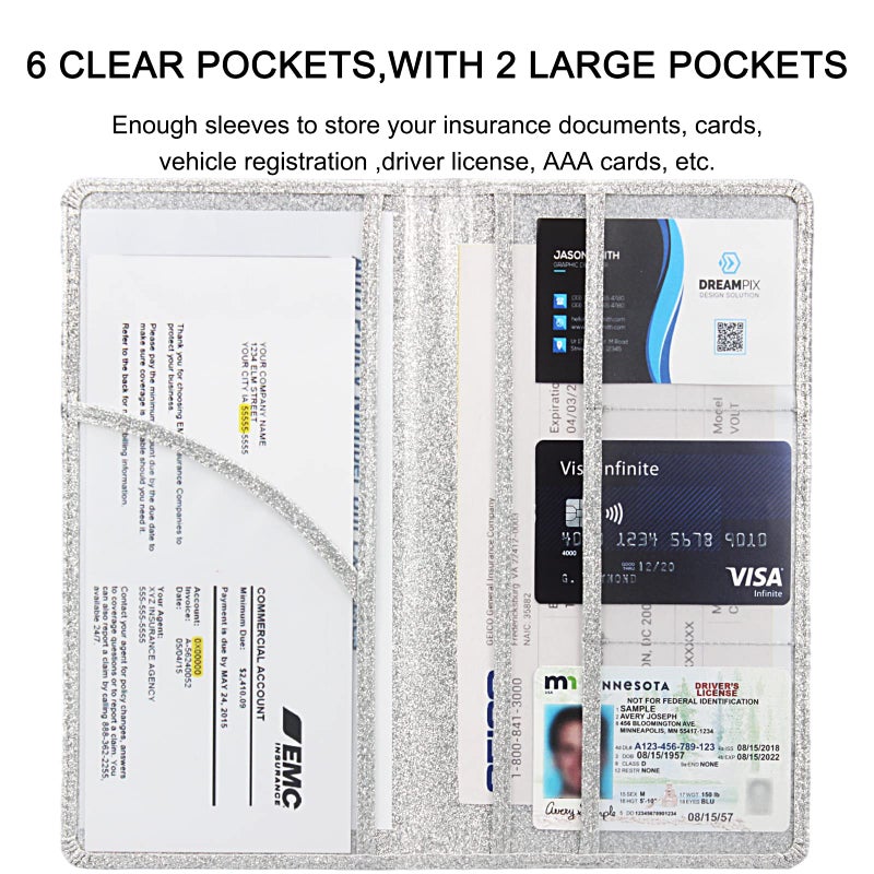 Bodskad Car Registration and Insurance Holder, Premium Leather Insurance and Registration Holder,vehicle Glove Box Car Organizer, with Magnetic Shut for Cards, Driver License (Glitter Silver) - Image 4