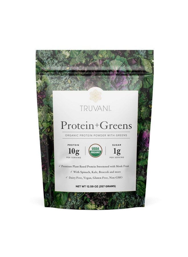 Truvani Protein + Greens ; Organic Nongmo Vegan Gluten Free Dairy Free ; Daily Greens Combined With Protein ; Great Taste With A Splash Of Sweetness - Image 1