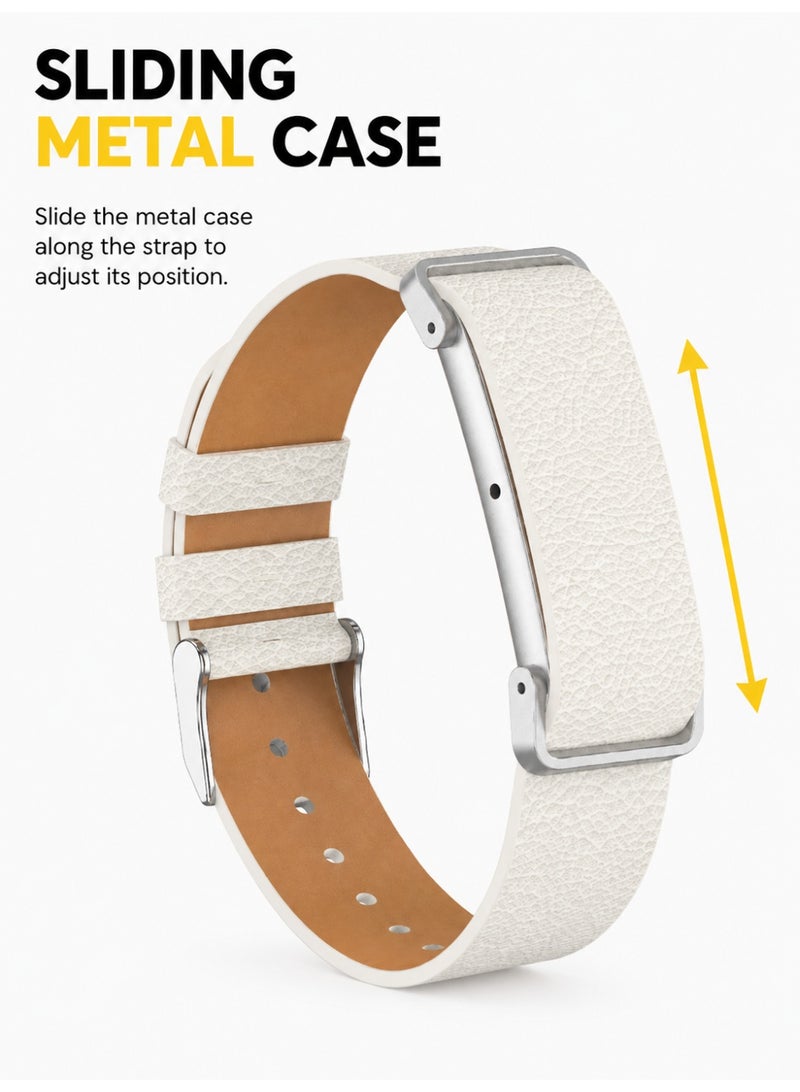 BASEMENT-1 Leather Band Compatible With Google Fitbit Air, Replacement Strap with Adjustable Metal Protective Case, Textured Leather Wristband, 130-210mm, White - Image 2